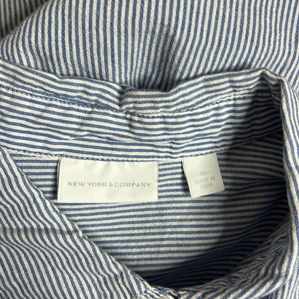 New York & Company Blue Striped Button-Down Shirt with Floral Embroidery - Picture 6 of 6